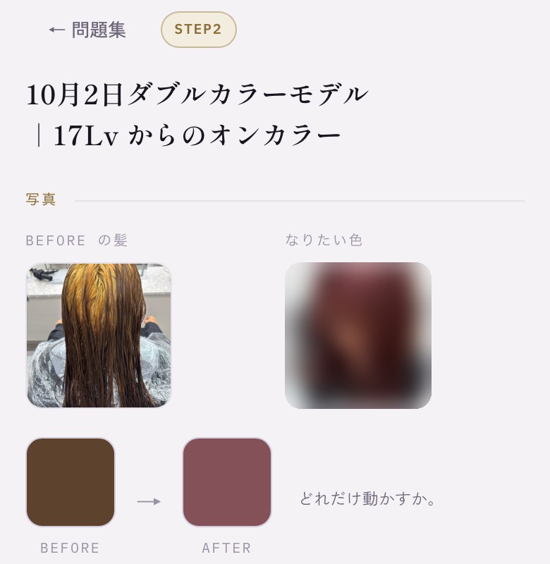 カラーラボの問題集。17Lvの金髪からワインレッドへのオンカラーを考える問題